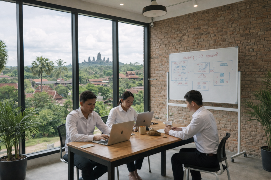three people sitting at a table and working on computers in the background the temple of Siem Reap is visible