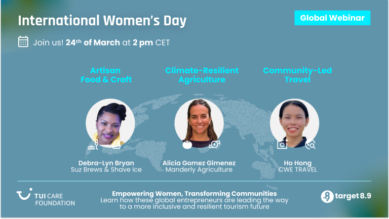 blue background with three women as panelists of a global webinar in the middle