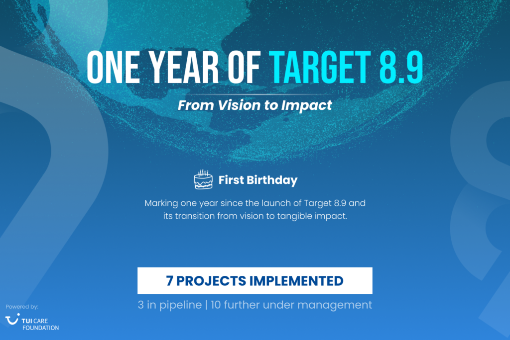 Blue flyer highlighting the first birthday of Target 8.9