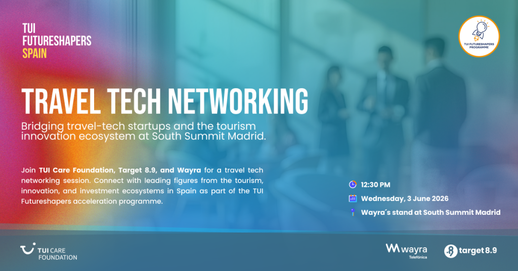 Blue poster with the title Travel Tech Networking, also mentioning time, place and date with people in the background