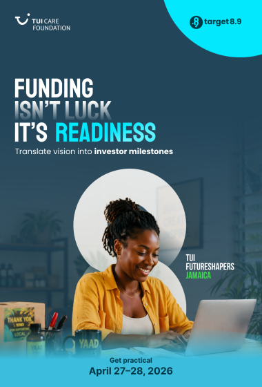Flyer with a women sitting on a computer, the title "funding isn't luck, it's readiness" and the logo of Target 8.9 and the TUI Care Foundation at the top